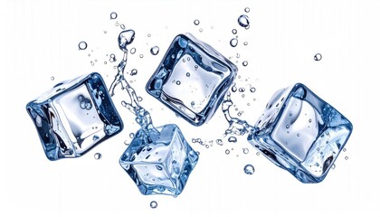 Four translucent ice cubes seemingly bursting with splashes and droplets