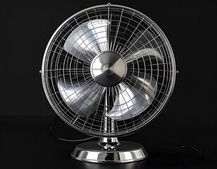 Chrome electric fan, front view, set against a dark background