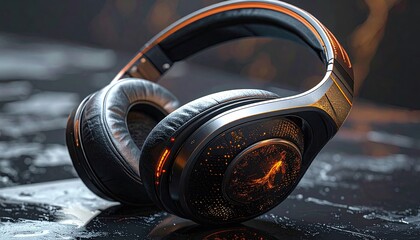 Stylish over-ear headphones, metallic accents, glowing orange details, close-up