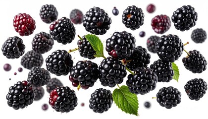A scattering of plump, juicy blackberries with vibrant green leaves