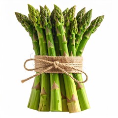 A fresh bundle of green asparagus tied with twine, isolated on white