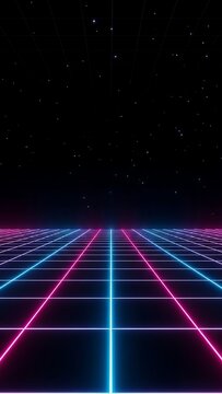 Neon Grid Landscape with Stars and Dark Background for Futuristic Theme