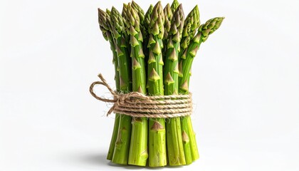A fresh bundle of green, vibrant spears, tied with twine, on white
