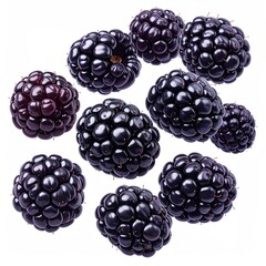 Floating group of dark, ripe, juicy berries on a stark white backdrop