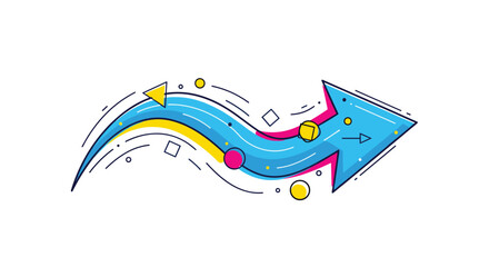 Dynamic blue curved arrow decorated with colorful geometric shapes and motion lines in a modern vibrant abstract design.