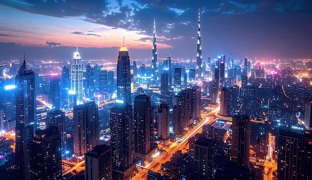 Modern Cityscape At Dusk With Neon Blue Lights And Dramatic Sky During Blue Hour In Asia