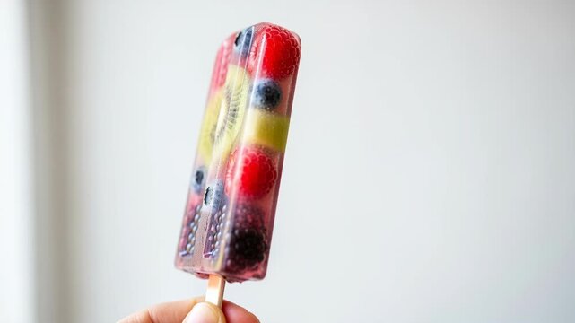 Swaying homemade fruit popsicle with kiwi, berries, and vibrant colors in closeup