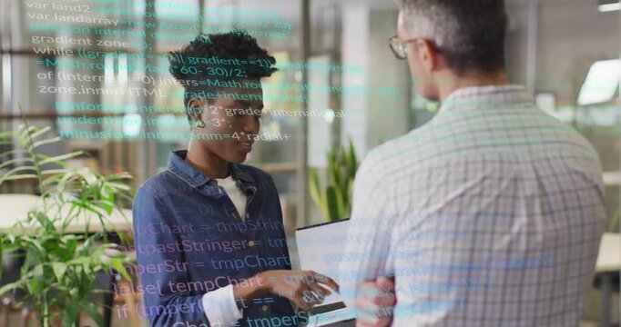 Engineer raising hand outlining logic, code snippets appearing on laptop while colleague listening