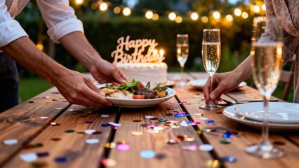 Hands are placing a vibrant plate of food on a wooden table during an outdoor birthday celebration, surrounded by sparkling drinks and colorful confetti, enhancing the festive ambiance of the event