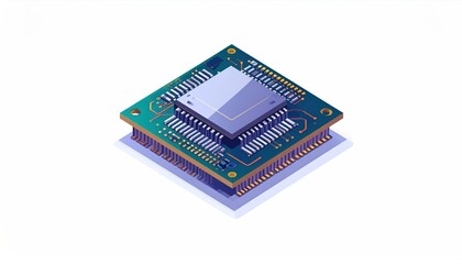 Isometric View of a Computer Processor on White Background.