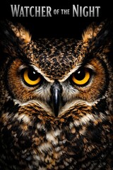 A striking close-up portrait captures the intense gaze of a majestic owl, its piercing orange eyes and intricate feather patterns dominating the frame against a dark, mysterious background.