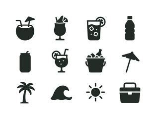 Beach Drinks Icons. Beach drinks. Solid icon set of beach drinks: coconut cup, frozen cocktail, lemonade glass, water bottle, soda can, fruit spritzer, ice
