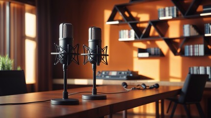 Modern podcast studio with two professional microphones on wooden table, warm accent wall, geometric shelves, shallow depth of field, cozy and professional audio recording environment