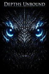 A menacing reptilian creature with glowing blue eyes stares from the shadows in Depths Unbound.
