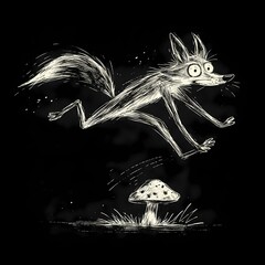 A whimsical hand-drawn sketch of a wide-eyed fox leaping over a small mushroom against a dark background.