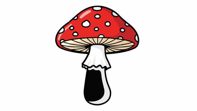 A cartoon-style illustration of a red mushroom with white spots and a black stem