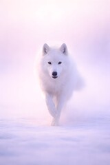 A magnificent white arctic wolf with piercing amber eyes gracefully walks forward through a soft, ethereal landscape of snow and mist, bathed in gentle pink and purple light.