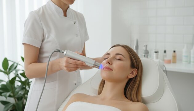 A woman receiving a rejuvenating blue light facial treatment from a professional in a modern spa setting.