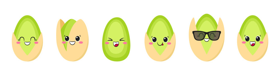 Set pistachio, cute and fun cartoon character, tasty and healthy nut, big eyes, emotions joy delight, happy smiling face, kawaii style, icon vector children's illustration.