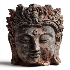 a stone sculpture of a serene buddha head adorned with a flower crown