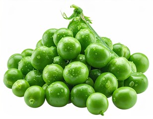 Heap of fresh, green peas, some with water droplets, isolated on white