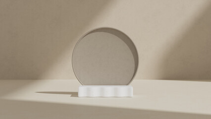Minimal 3D rendered product podium scene featuring a neutral circular display stand on a soft beige background. Clean composition with gentle light and shadow, suitable for cosmetic, skincare, wellnes