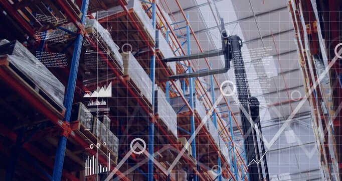 Forklift entering from right and raising pallet while charts animating to visualize inventory data