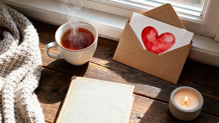 Cozy scene featuring a steaming cup of tea beside a heart-themed envelope, a soft knitted blanket, and a candle on a rustic wooden table, creating a warm and inviting atmosphere for relaxation