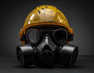 Yellow hard hat over black respirator against a grey backdrop