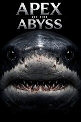 A menacing close-up of a great white shark's face under the cinematic title Apex of the Abyss.