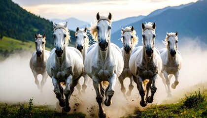 Majestic White Horses Galloping Freely Across a Lush Green Meadow.