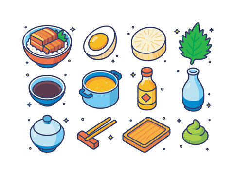 Japanese Pork Dish Icons. Japanese buta no kakuni. Colorful isometric vector icons set of Japanese buta no kakuni: kakuni pork bowl, soft boiled egg half,
