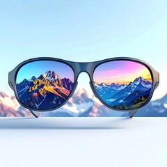 Sunglasses reflect majestic snow-capped mountain range and colorful sunrise