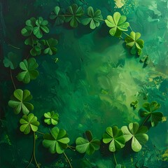 A vibrant ring of shamrocks floats against a textured green background