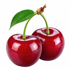 Two ripe, shiny red fruits with stems and a green leaf