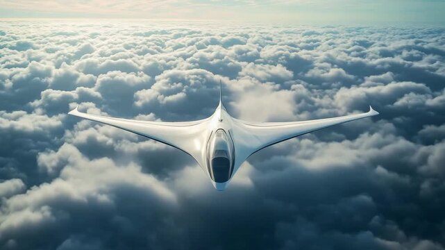 A new aircraft model glides through clouds under a clear sky during sunset, showcasing its unique design and engineering