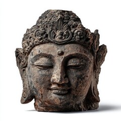 a stone sculpture of a serene buddha head adorned with a flower crown