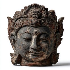 a stone sculpture of a serene buddha head adorned with a flower crown