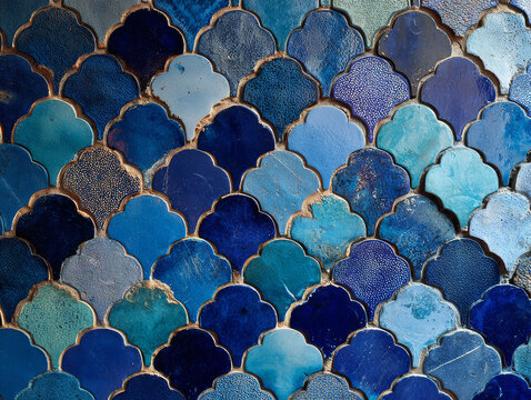 Blue Ceramic Tiles. Moroccan Wall Mosaic. Abstract Blue Background Texture	