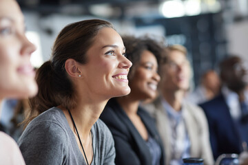 Close up of a diverse Group of people attend corporate event. Female Audience watches projection screen with sustainability presentation . Professionals learn in classroom setting. Teamwork, education