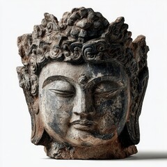 a stone sculpture of a serene buddha head adorned with a flower crown