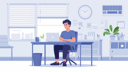 A man sits at a desk in a modern office with a clock on the wall