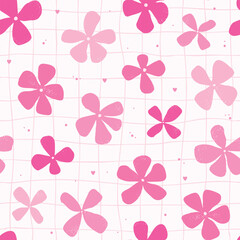 Groovy seamless pattern with pink flowers, dots and hearts on checkered background for textile prints, backgrounds, banners, wrapping paper, packaging, wallpaper, etc. EPS 10
