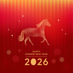 Festive Chinese New Year 2026 background featuring a sparkling golden horse silhouette on a red gradient backdrop with fireworks and glowing stars, celebrating the Year of the Horse.