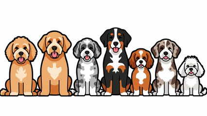 Seven cartoon dogs of various breeds sit in a row