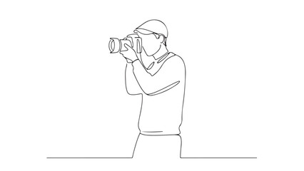 Obraz premium Continuous line drawing of a photographer holding a camera and taking a picture with a visor cap on