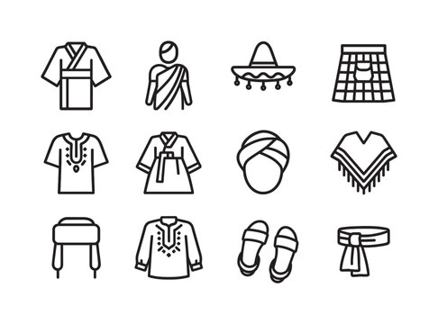 Traditional Clothing Icons. Traditional clothing. Line icon set of Traditional clothing: kimono, sari, sombrero, kilt, dashiki, hanbok, turban, poncho, fur