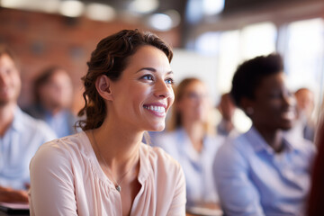Close up of a diverse Group of people attend corporate event. Female Audience watches projection screen with sustainability presentation . Professionals learn in classroom setting. Teamwork, education