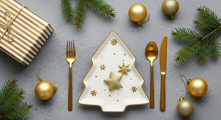 Elegant christmas-themed table setting with gold accents