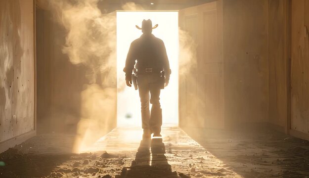 Silhouette Cowboy Walks Through Sunlit Doorway Bathed in Golden Light and Dust Motes